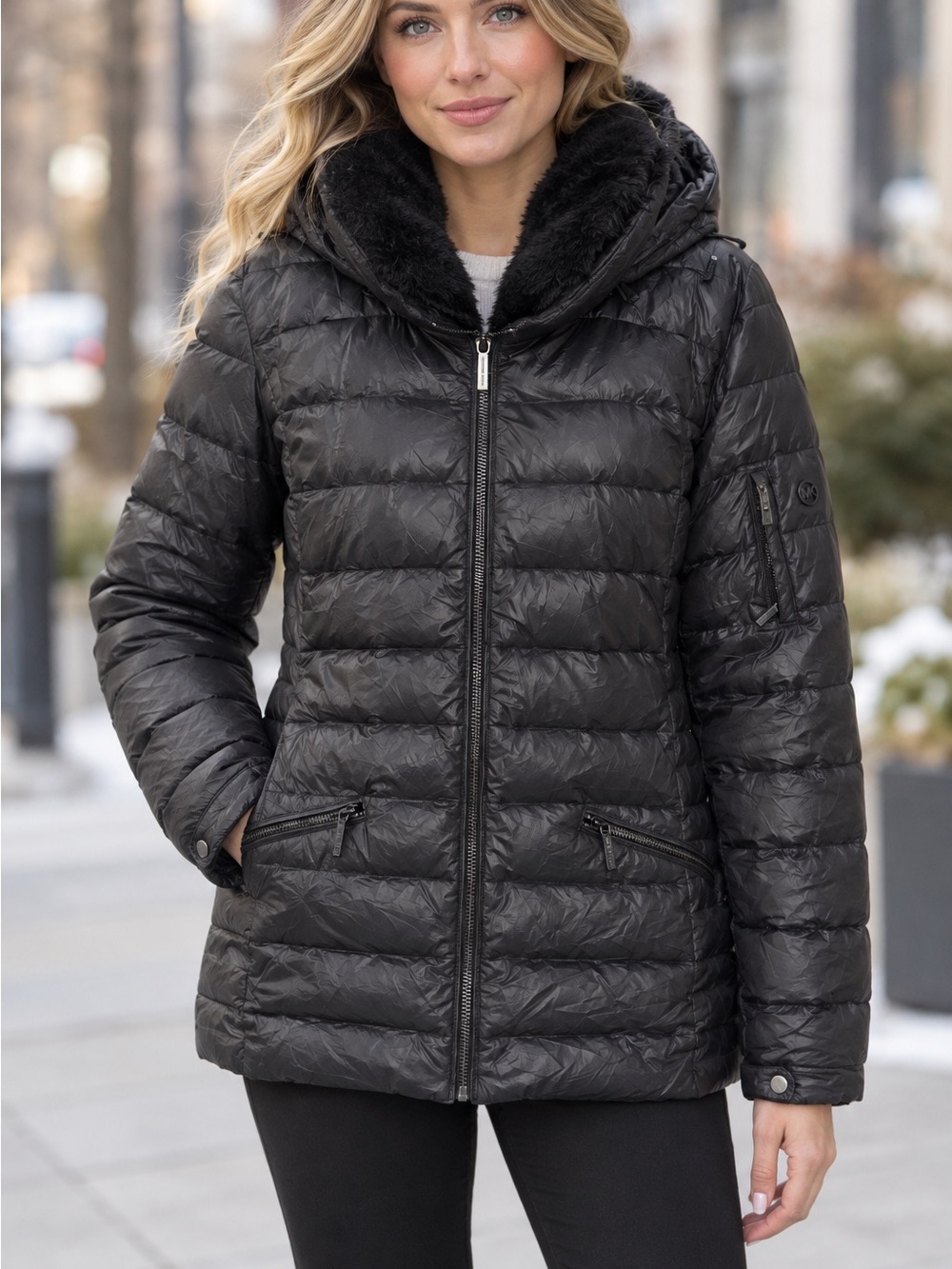 Michael Kors Faux Fur Trim Down Puffer Jacket Women's Black | SZ XL